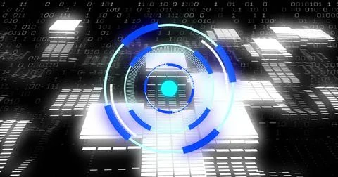 Image of binary coding digital data processing over scope scanning on black Illustrazione stock