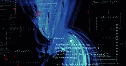 Image of binary coding digital data processing over blue light trails Stock Photos