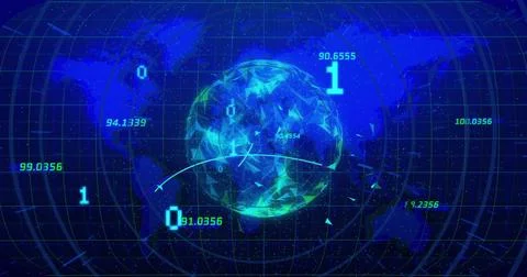 Image of binary coding digital data processing over globe and world map Stock Photos