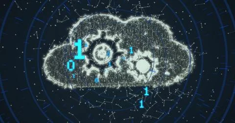 Image of binary coding digital data processing over cloud Foto stock