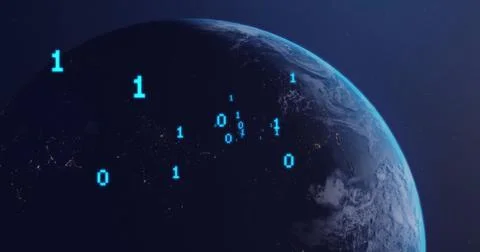 Image of binary coding digital data processing over globe Stock Photos