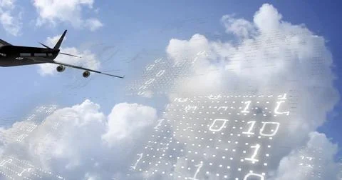 Image of binary coding digital data processing over plane and clouds 스톡 사진