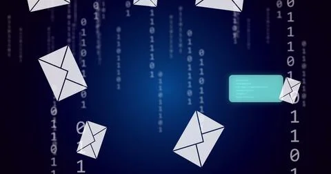 Image of binary coding, envelope icons and data processing Foto stock