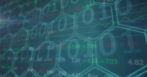 Image of binary coding financial data processing over network of hexagons Stock Photos