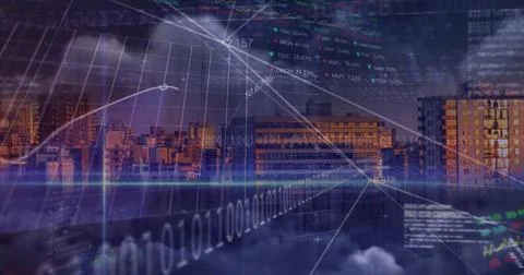 Image of binary coding financial data processing over cityscape Stock Photos