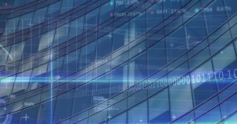 Image of binary coding, financial data processing over office building Stock Photos