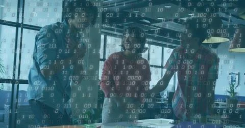Image of binary coding, financial data processing over business people working Stock Photos