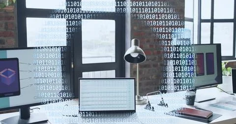 Image of binary coding, globe and data processing over computers on desks in Stock Photos