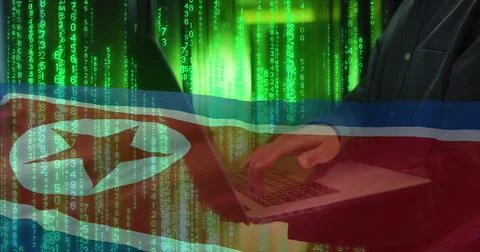 Image of binary coding with hacker over flag of north korea Stock Photos