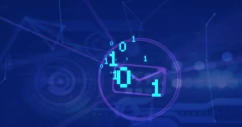 Image of binary coding, icons, data processing and connections on blue Stock Illustration