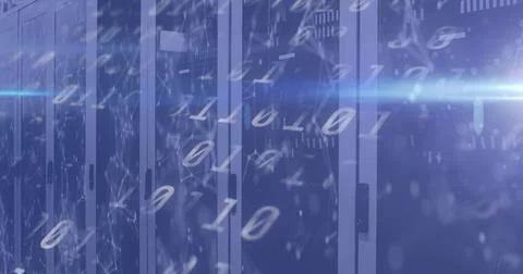 Image of binary coding numbers changing over tech room with computer servers Stock Illustration
