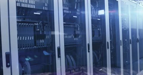 Image of binary coding numbers changing over tech room with computer servers Stock Illustration