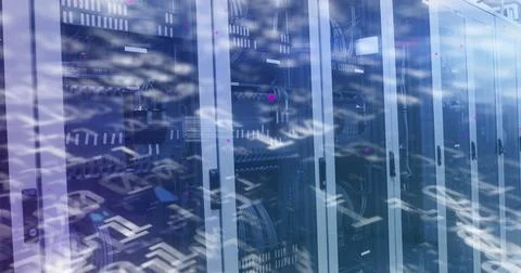 Image of binary coding numbers changing over tech room with computer servers Stock Illustration