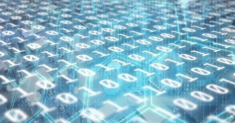 Image of binary coding numbers changing over blue background Foto stock