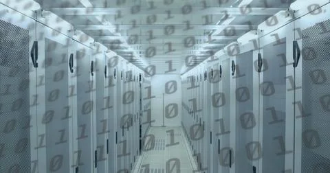 Image of binary coding numbers changing over computer servers Foto stock