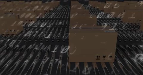 Image of binary coding numbers changing over cardboard boxes on conveyor belts Foto stock