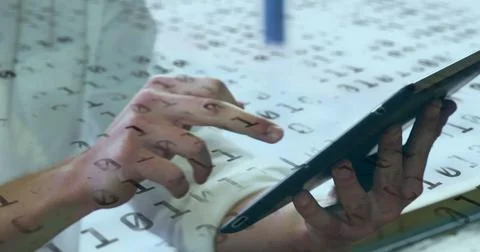 Image of binary coding numbers changing over woman using tablet Foto stock