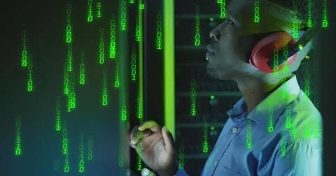 Image of binary coding over african american male it engineer and computer Stock Photos