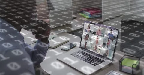 Image of binary coding over african american businessman having image call on Foto stock