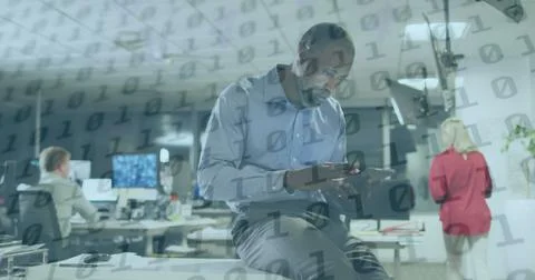 Image of binary coding over african american businessman using smartphone Stock Photos