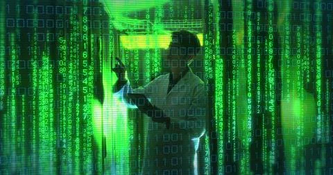 Image of binary coding over asian man by computer servers 写真素材