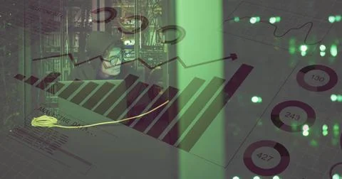 Image of binary coding over asian man using laptop by computer servers 스톡 사진