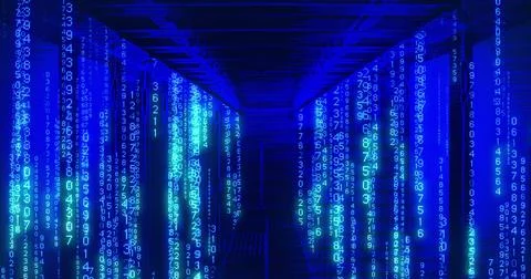 Image of binary coding over blue server room Stock Photos