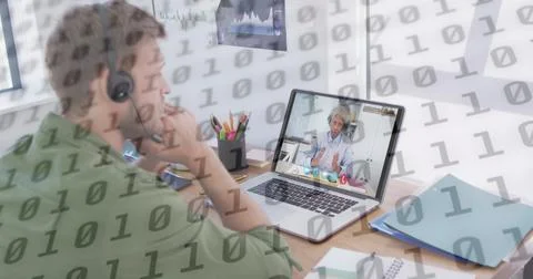 Image of binary coding over businessman with headset having image call Foto stock