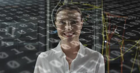 Image of binary coding over caucasian female it engineer with tablet checking Stock-Illustration