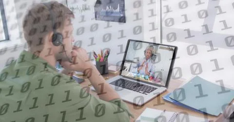 Image of binary coding over caucasian man with headset having laptop image call Stock Illustration