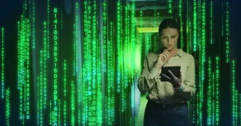 Image of binary coding over caucasian female worker in server room Stock Photos