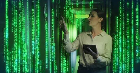 Image of binary coding over caucasian female worker in server room Stock Photos