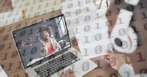 Image of binary coding over caucasian man with documents having laptop image Foto stock