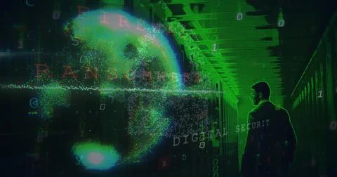 Image of binary coding over caucasian man by computer servers Stock Photos