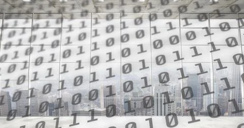 Image of binary coding over cityscape イラスト素材