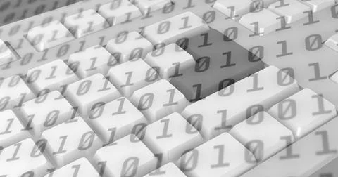 Image of binary coding over computer keyboard on grey background Stock Photos