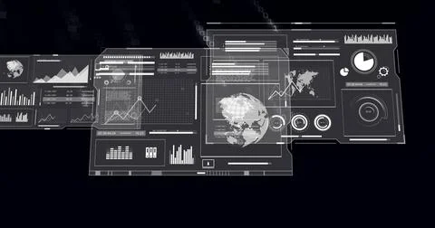 Image of binary coding over data processing and diagrams with globe Stock Photos