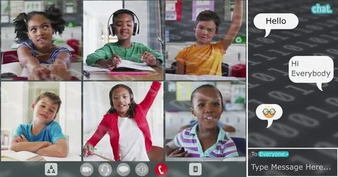 Image of binary coding over diverse group of schoolchildren having school image Stock Photos
