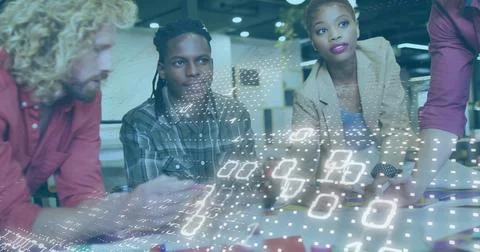 Image of binary coding over diverse business people talking in office Stock Photos
