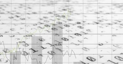 Image of binary coding over financial data processing Illustrazione stock