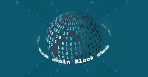 Image of binary coding over globe with block chain texts Illustrazione stock