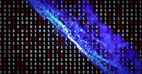 Image of binary coding over glowing spots on black background 库存照片