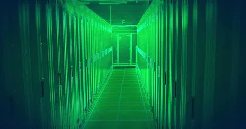 Image of binary coding over green neon server room Stock Photos