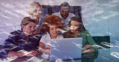 Image of binary coding over group of students using laptop Foto stock