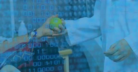 Image of binary coding over mid section of doctor holding hand of patient Foto stock