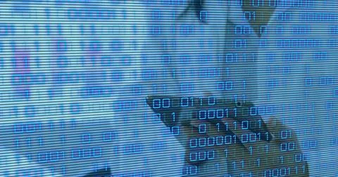 Image of binary coding over mid section of female scientist using digital tablet Stock Photos