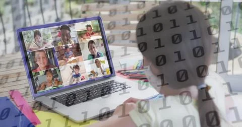 Image of binary coding over schoolgirl having school image call with Foto stock
