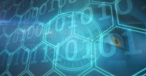 Image of binary coding over scope scanning and network of hexagons over eye 库存照片