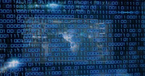 Image of binary coding over screens with data processing against light spot on Stock Photos