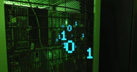 Image of binary coding over server room Stockillustratie